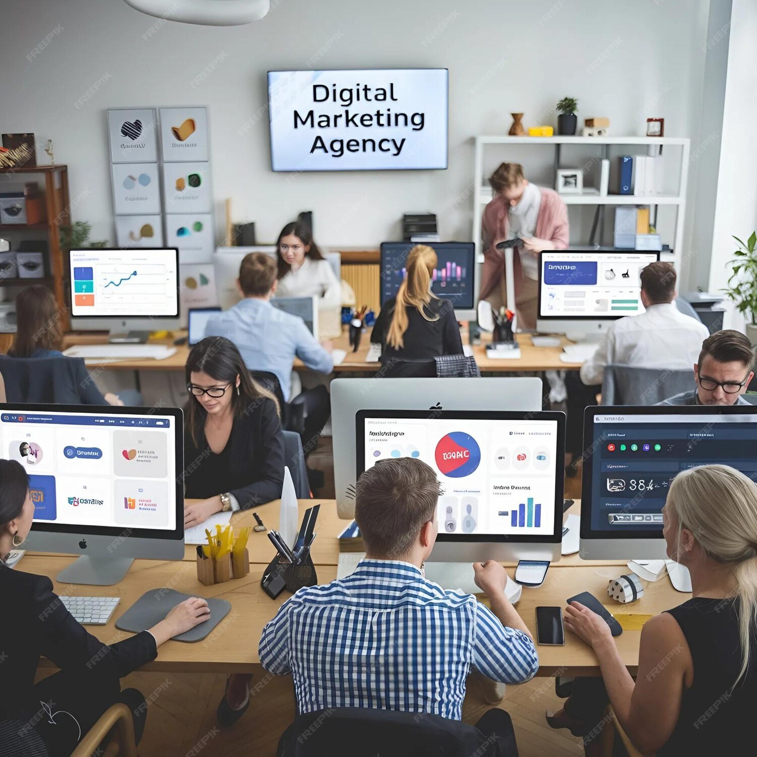 Close-up of digital marketing team working on laptop and documents in modern Calgary office desk