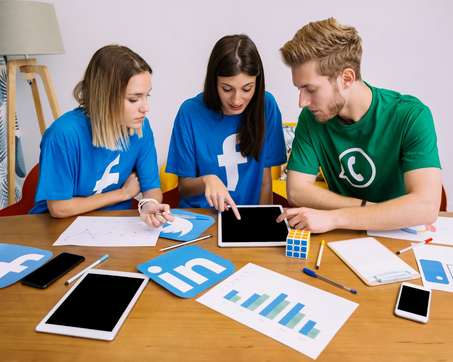 corporate team collaborating on digital marketing and meta ads campaign using tablet