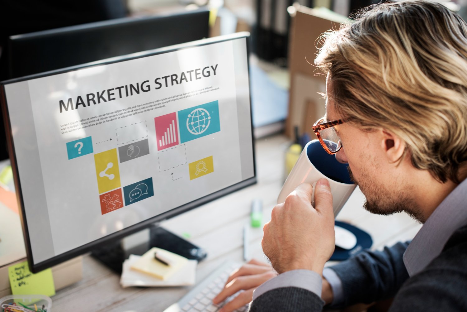 Digital marketing strategy concept with data analytics, SEO keywords and online business growth