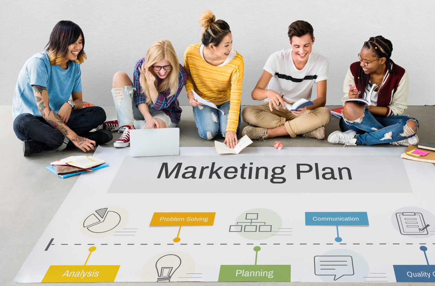 "Digital marketing strategy planning concept showing marketing plan, SEO services, social media marketing and online advertising strategy for business growth."